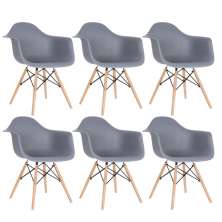 Kit 6 cadeiras Charles Eames Eiffel DAW com braços e pés de madeira clara Cinza-escuro