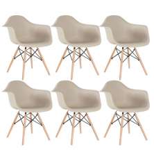 Kit 6 cadeiras Charles Eames Eiffel DAW com braços e pés de madeira clara Nude