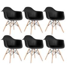 Kit 6 cadeiras Charles Eames Eiffel DAW com braços e pés de madeira clara Preto