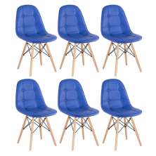 Kit 6 cadeiras estofadas Charles Eames Eiffel Botonê com pés de madeira clara Azul