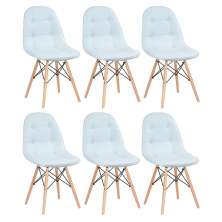 Kit 6 cadeiras estofadas Charles Eames Eiffel Botonê com pés de madeira clara Azul claro