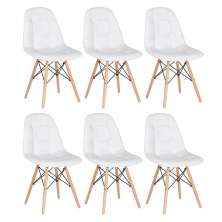 Kit 6 cadeiras estofadas Charles Eames Eiffel Botonê com pés de madeira clara Branco