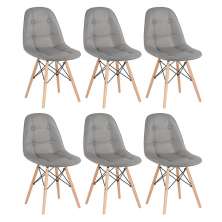 Kit 6 cadeiras estofadas Charles Eames Eiffel Botonê com pés de madeira clara Cinza