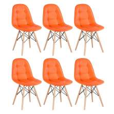 Kit 6 cadeiras estofadas Charles Eames Eiffel Botonê com pés de madeira clara Laranja