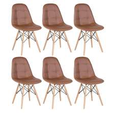 Kit 6 cadeiras estofadas Charles Eames Eiffel Botonê com pés de madeira clara Marrom