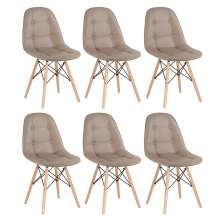 Kit 6 cadeiras estofadas Charles Eames Eiffel Botonê com pés de madeira clara Nude