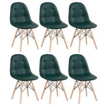 Kit 6 cadeiras estofadas Charles Eames Eiffel Botonê com pés de madeira clara Verde escuro