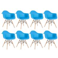 Kit 8 cadeiras Charles Eames Eiffel DAW com braços e pés de madeira clara Azul céu