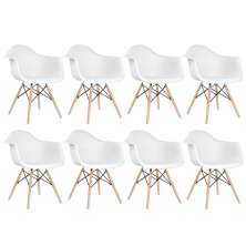 Kit 8 cadeiras Charles Eames Eiffel DAW com braços e pés de madeira clara Branco