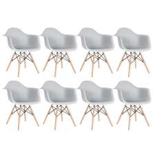 Kit 8 cadeiras Charles Eames Eiffel DAW com braços e pés de madeira clara Cinza claro