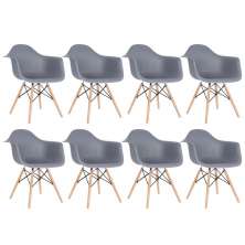 Kit 8 cadeiras Charles Eames Eiffel DAW com braços e pés de madeira clara Cinza escuro