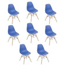 Kit 8 cadeiras Charles Eames Eiffel DSW com pés de madeira clara Azul-escuro