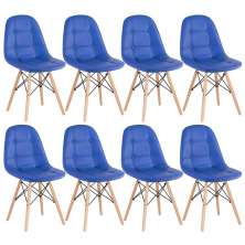 Kit 8 cadeiras estofadas Charles Eames Eiffel Botonê com pés de madeira clara Azul