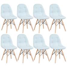 Kit 8 cadeiras estofadas Charles Eames Eiffel Botonê com pés de madeira clara Azul claro