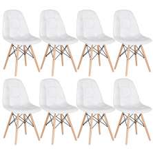 Kit 8 cadeiras estofadas Charles Eames Eiffel Botonê com pés de madeira clara Branco