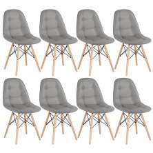 Kit 8 cadeiras estofadas Charles Eames Eiffel Botonê com pés de madeira clara Cinza