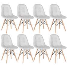 Kit 8 cadeiras estofadas Charles Eames Eiffel Botonê com pés de madeira clara Cinza-claro