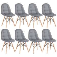 Kit 8 cadeiras estofadas Charles Eames Eiffel Botonê com pés de madeira clara Cinza escuro