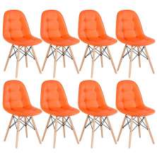 Kit 8 cadeiras estofadas Charles Eames Eiffel Botonê com pés de madeira clara Laranja
