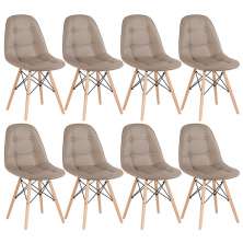 Kit 8 cadeiras estofadas Charles Eames Eiffel Botonê com pés de madeira clara Nude