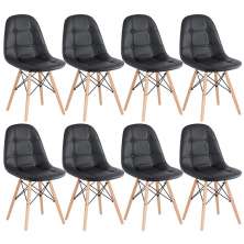 Kit 8 cadeiras estofadas Charles Eames Eiffel Botonê com pés de madeira clara Preto