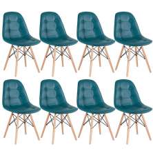 Kit 8 cadeiras estofadas Charles Eames Eiffel Botonê com pés de madeira clara Turquesa
