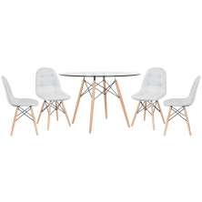 Mesa Eames com tampo de vidro 120 cm + 4 cadeiras estofadas Eiffel Botonê Cinza claro