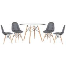 Mesa Eames com tampo de vidro 120 cm + 4 cadeiras estofadas Eiffel Botonê Cinza escuro