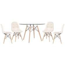 Mesa Eames com tampo de vidro 120 cm + 4 cadeiras estofadas Eiffel Botonê Creme