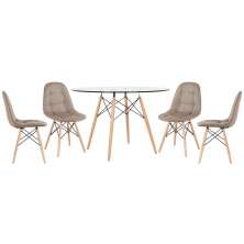 Mesa Eames com tampo de vidro 120 cm + 4 cadeiras estofadas Eiffel Botonê Nude