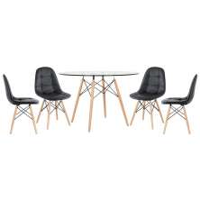 Mesa Eames com tampo de vidro 120 cm + 4 cadeiras estofadas Eiffel Botonê Preto