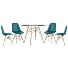 Mesa Eames com tampo de vidro 120 cm + 4 cadeiras estofadas Eiffel Botonê Turquesa