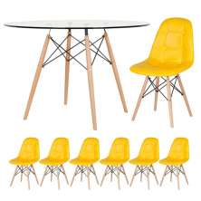 Mesa Eames com tampo de vidro 120 cm + 6 cadeiras estofadas Eiffel Botonê Amarelo