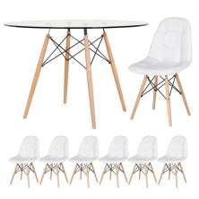 Mesa Eames com tampo de vidro 120 cm + 6 cadeiras estofadas Eiffel Botonê Branco