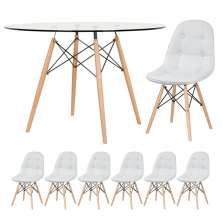 Mesa Eames com tampo de vidro 120 cm + 6 cadeiras estofadas Eiffel Botonê Cinza claro