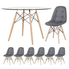 Mesa Eames com tampo de vidro 120 cm + 6 cadeiras estofadas Eiffel Botonê Cinza escuro