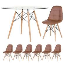 Mesa Eames com tampo de vidro 120 cm + 6 cadeiras estofadas Eiffel Botonê Marrom