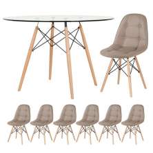 Mesa Eames com tampo de vidro 120 cm + 6 cadeiras estofadas Eiffel Botonê Nude
