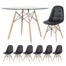 Mesa Eames com tampo de vidro 120 cm + 6 cadeiras estofadas Eiffel Botonê Preto