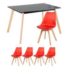 Mesa de jantar retangular 80 x 120 cm preto + 4 cadeiras Leda vermelho