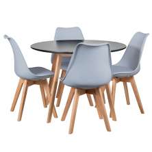 Mesa jantar cozinha redonda 100 cm + 4 cadeiras estofadas Leda Mesa preto com cadeiras cinza claro