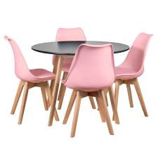 Mesa jantar cozinha redonda 100 cm + 4 cadeiras estofadas Leda Mesa preto com cadeiras rosa claro