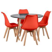 Mesa jantar cozinha redonda 100 cm + 4 cadeiras estofadas Leda Mesa preto com cadeiras vermelho
