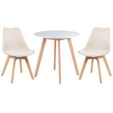 Mesa jantar cozinha redonda 70 cm branco + 2 cadeiras estofadas Leda Creme