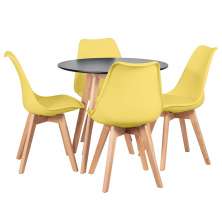 Mesa jantar cozinha redonda 80 cm + 4 cadeiras estofadas Leda Mesa preto com cadeiras amarelo
