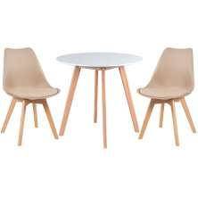 Mesa jantar cozinha redonda 80 cm branco + 2 cadeiras estofadas Leda Nude