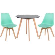 Mesa jantar cozinha redonda 80 cm preto + 2 cadeiras estofadas Leda Verde tiffany