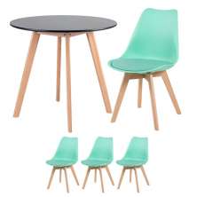 Mesa jantar cozinha redonda 80 cm preto + 3 cadeiras estofadas Leda Verde tiffany