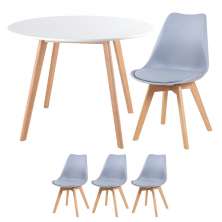 Mesa jantar cozinha redonda branco 100 cm + 3 cadeiras estofadas Leda Cinza claro