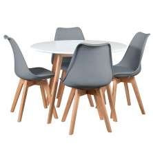 Mesa jantar cozinha redonda branco 100 cm + 4 cadeiras estofadas Leda Cinza escuro